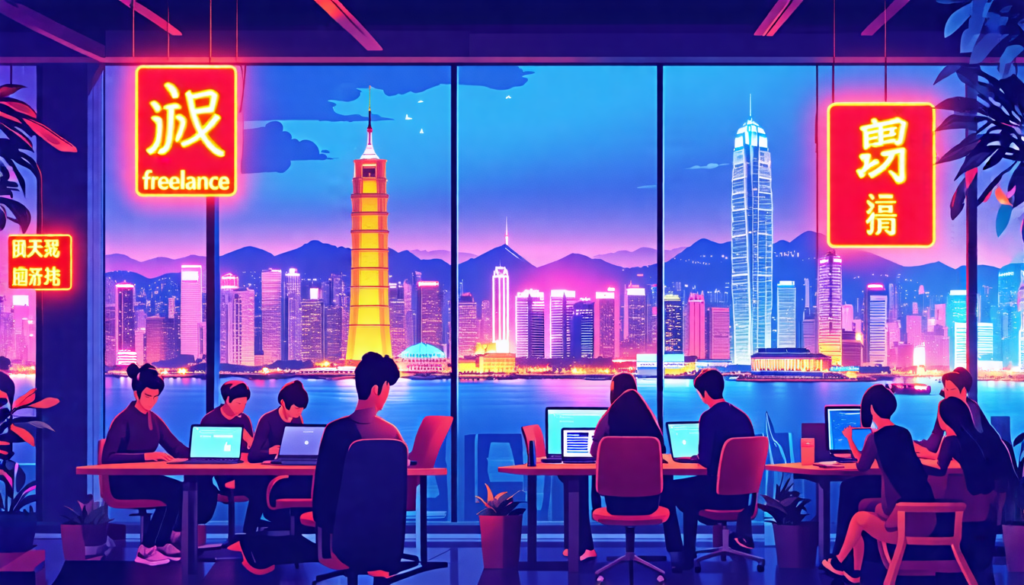 A stylized cityscape of Hong Kong at night, with neon signs in Chinese and English advertising various freelance services. In the foreground, a diverse gro