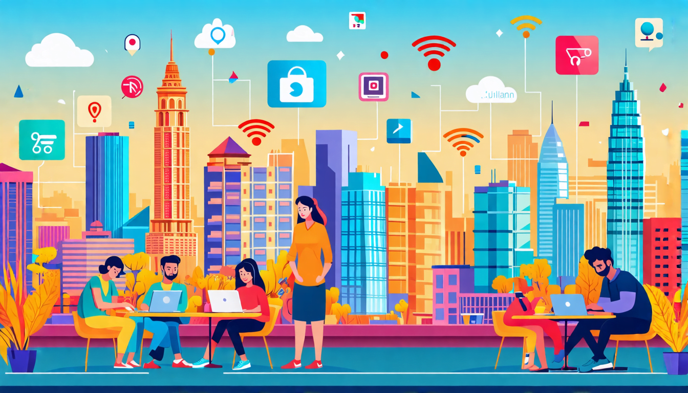 A vibrant digital illustration depicting a bustling Indian cityscape with modern skyscrapers, where diverse professionals are working on laptops and smartp