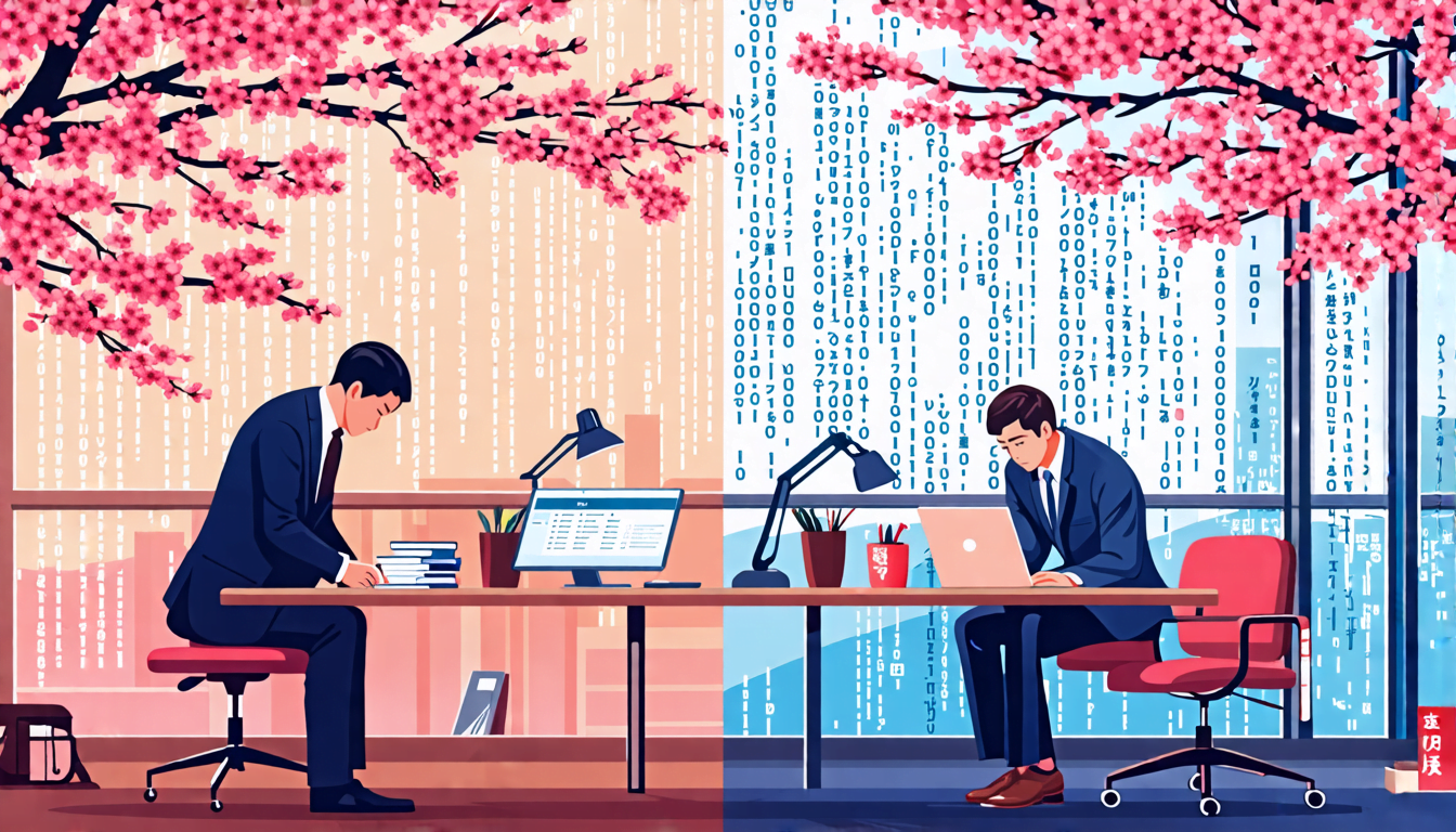 A split-screen image: On one side, a Japanese office worker in a suit bowing formally, and on the other side, a casual Western freelancer with a laptop in