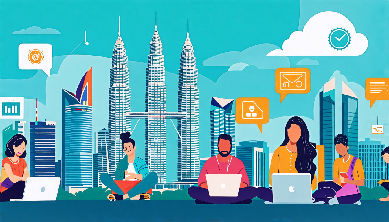 Here's a DALL-E prompt for an image related to Freelancing in Malaysia: Key Sectors: A vibrant digital illustration showcasing the Kuala Lumpur skyline wi