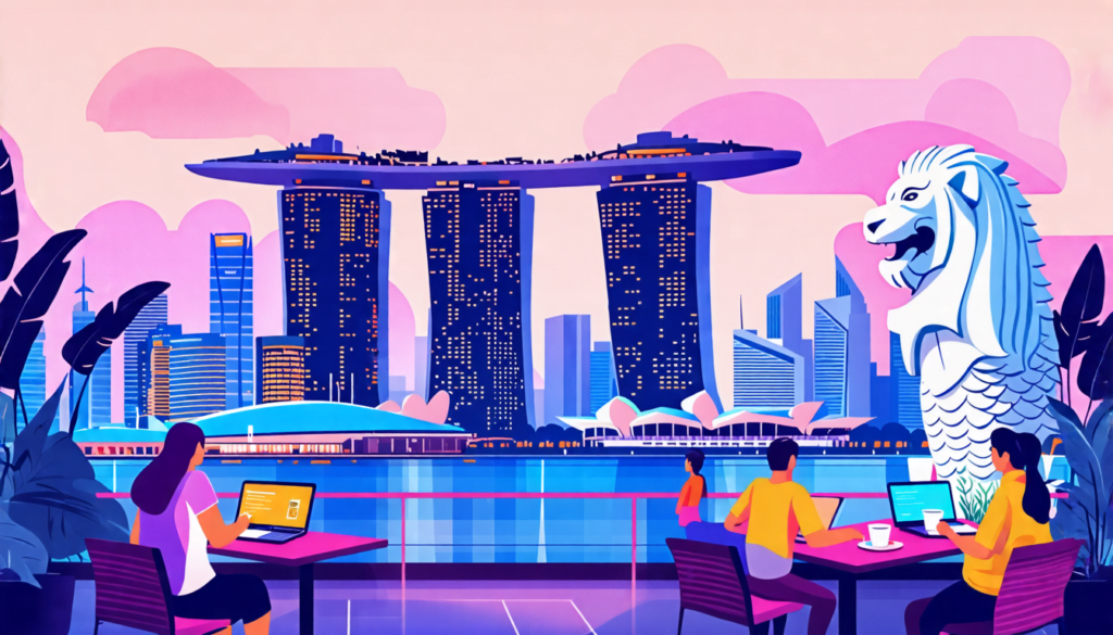 A digital illustration showing a modern cityscape of Singapore with iconic landmarks like Marina Bay Sands and the Merlion. In the foreground, a diverse gr