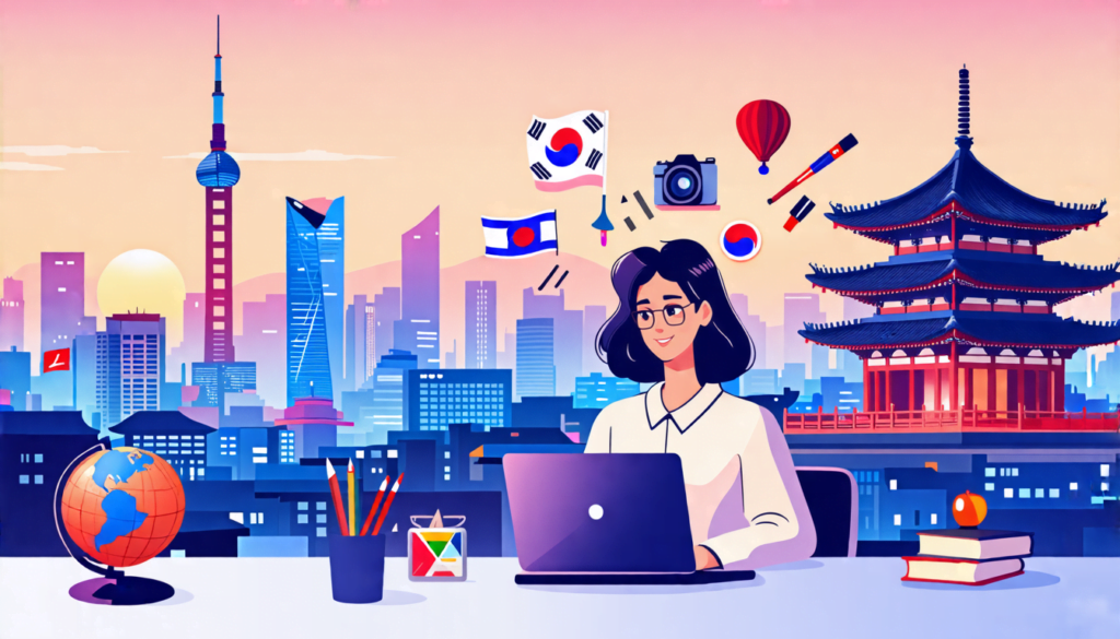 A digital illustration showing a young professional sitting at a desk with a laptop, overlooking a modern Seoul cityscape. The desk is adorned with Korean