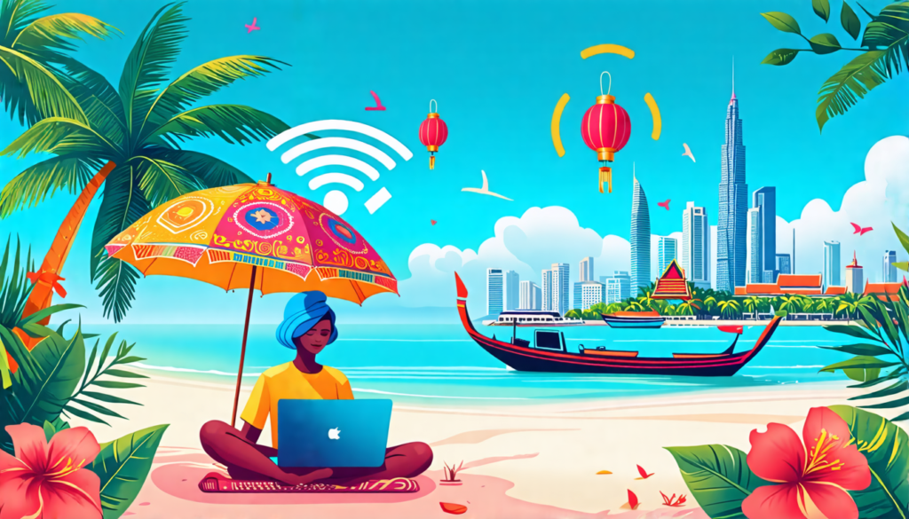 A vibrant digital illustration of a person working on a laptop on a tropical Thai beach, surrounded by iconic elements of Thailand such as palm trees, long