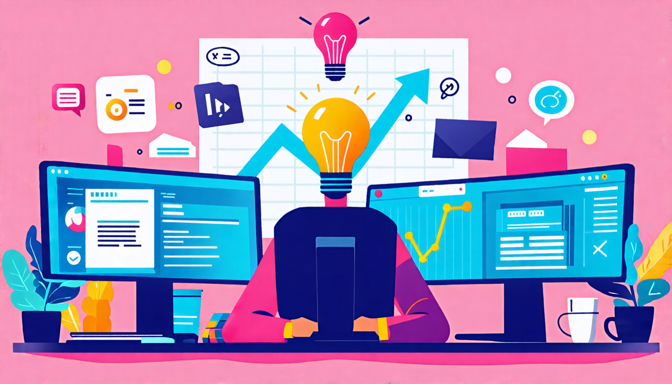 A stylized illustration of a freelancer sitting at a desk with multiple computer screens, surrounded by icons representing various specialized skills like