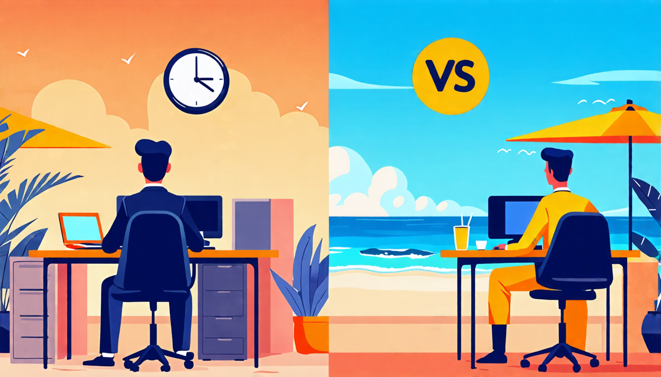 A split-screen digital illustration: on the left side, a person in a suit sitting at a desk in a corporate office with a clock and cubicles visible; on the