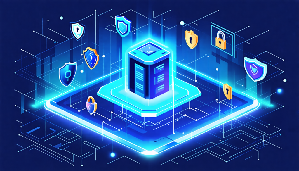 A futuristic digital fortress with a sleek, minimalist interface representing a web browser. The fortress is surrounded by a glowing blue shield, symbolizi