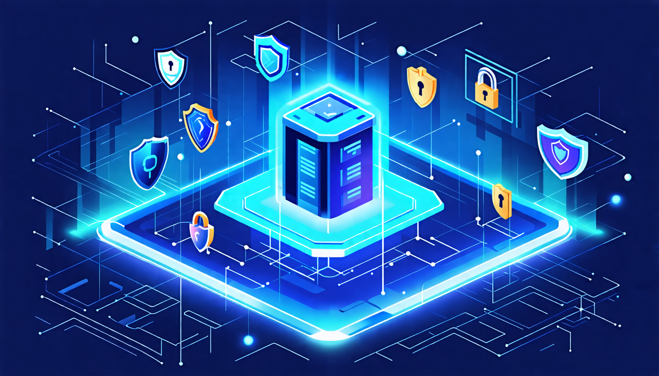 A futuristic digital fortress with a sleek, minimalist interface representing a web browser. The fortress is surrounded by a glowing blue shield, symbolizi