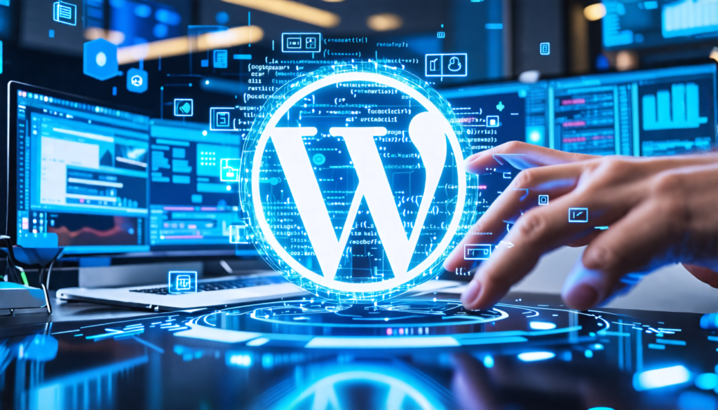 A futuristic workspace with a holographic display showing the WordPress logo and various coding elements floating in the air. A developer's hands are inter