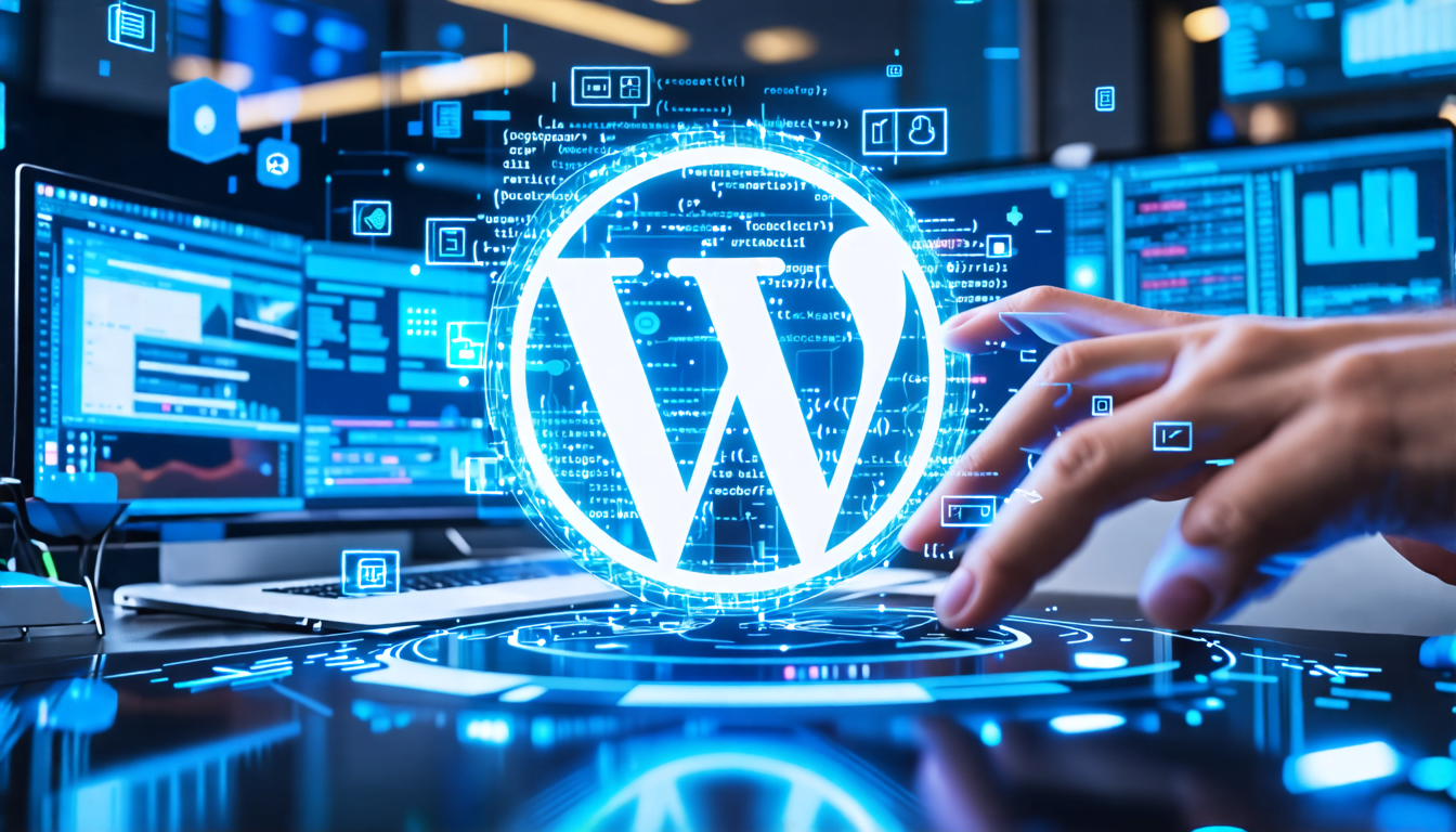 A futuristic workspace with a holographic display showing the WordPress logo and various coding elements floating in the air. A developer's hands are inter