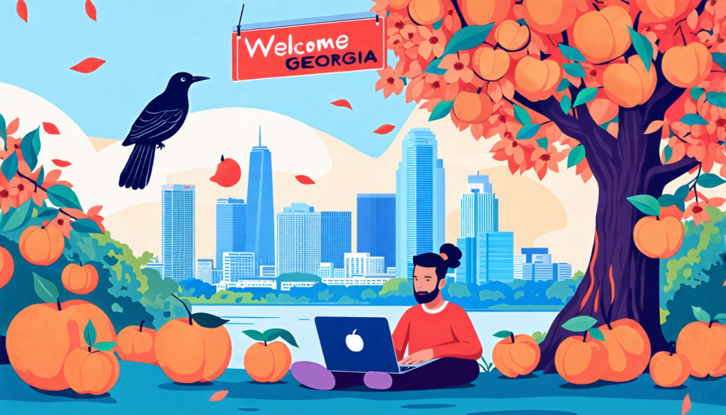 A digital nomad working on a laptop under a peach tree, with the Atlanta skyline visible in the background. The worker is surrounded by Georgian symbols li