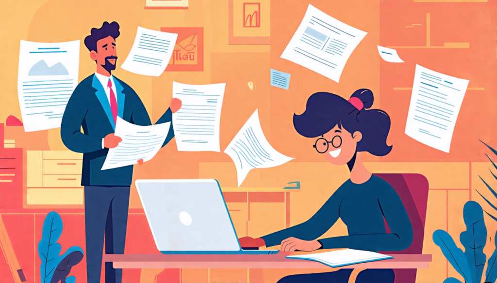 A stylized illustration showing a freelancer sitting at a desk with a laptop, surrounded by legal documents and contracts floating in the air. A friendly l