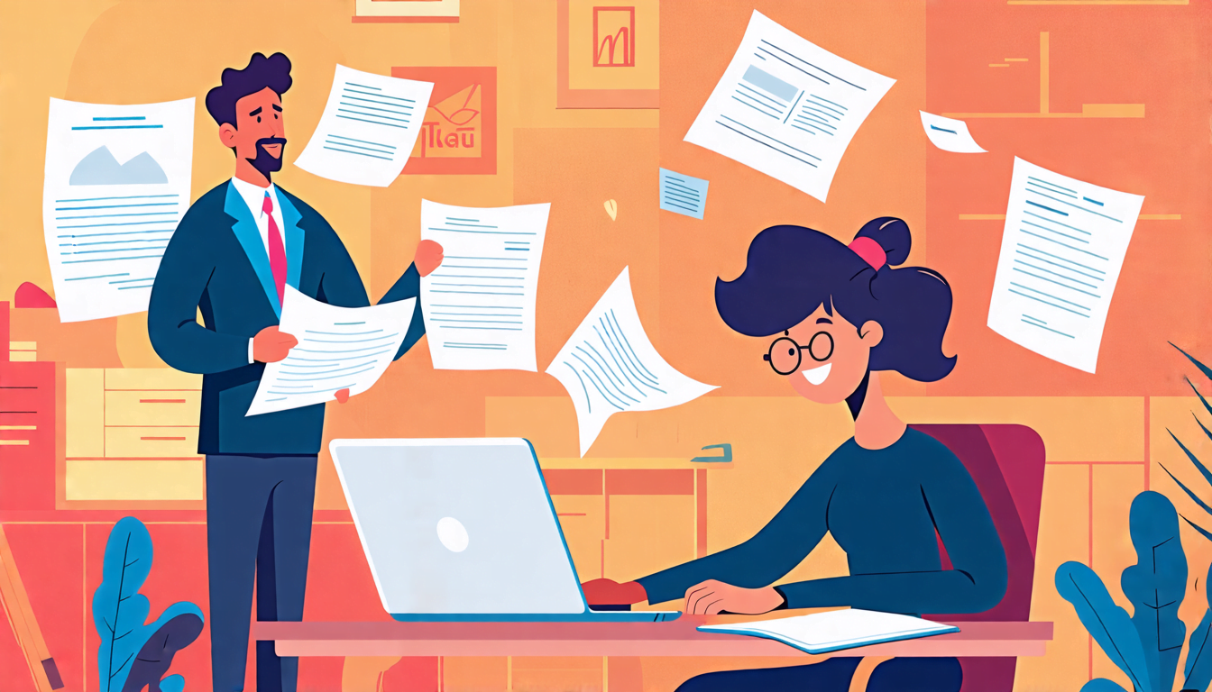 A stylized illustration showing a freelancer sitting at a desk with a laptop, surrounded by legal documents and contracts floating in the air. A friendly l