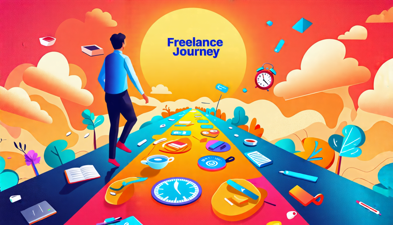 A digital illustration showing a person confidently stepping from a traditional office desk onto a colorful, abstract path representing freelance opportuni