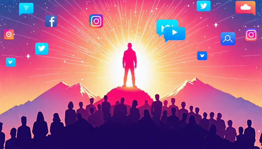 A stylized illustration of a glowing, enlightened figure standing atop a mountain peak, radiating wisdom and knowledge. The figure is surrounded by floatin