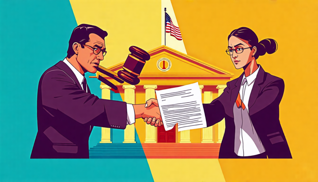 A split image: On one side, a stern judge with a gavel raised, about to strike. On the other side, two businesspeople shaking hands over a torn contract, w