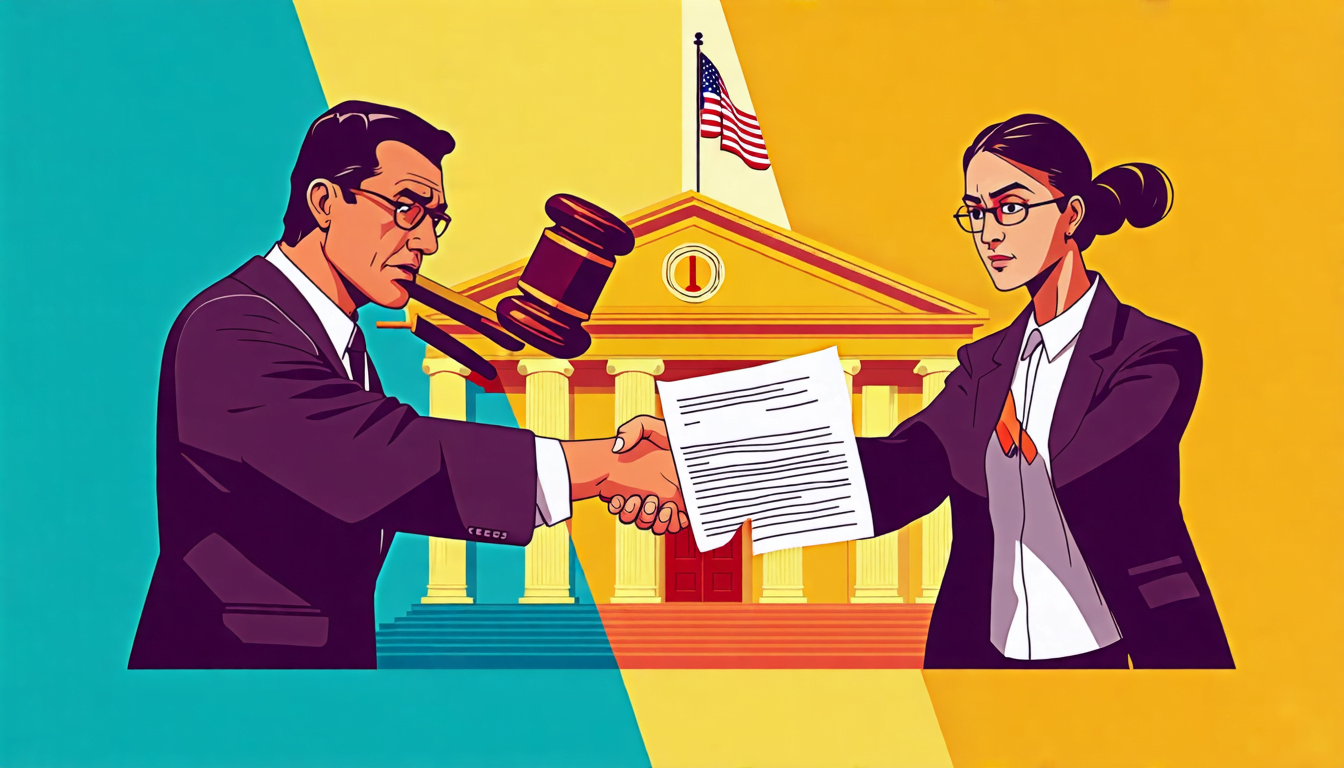 A split image: On one side, a stern judge with a gavel raised, about to strike. On the other side, two businesspeople shaking hands over a torn contract, w