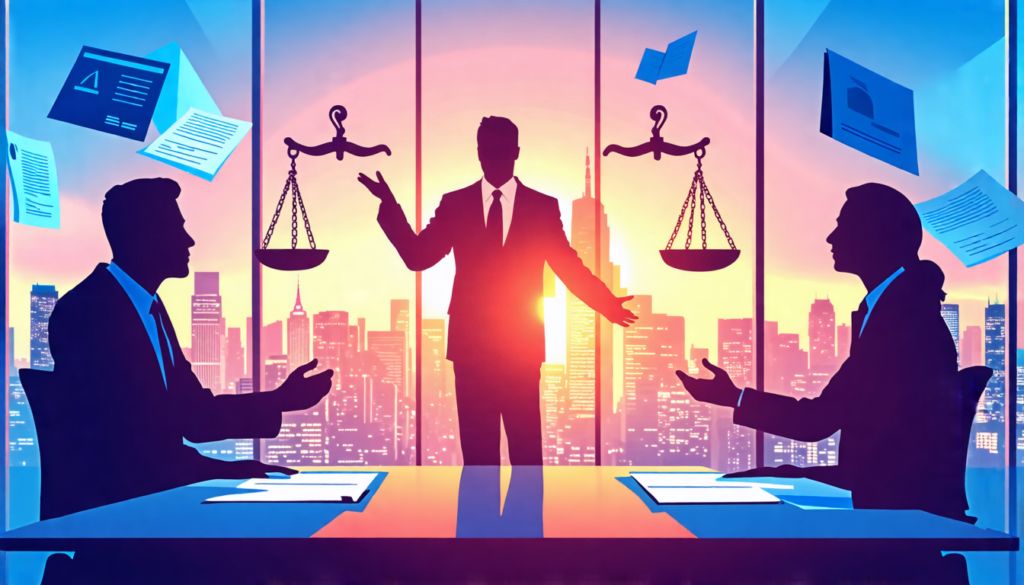 A professional mediator standing between two silhouetted figures, with a large scale of justice in the background. The mediator is gesturing calmly, while