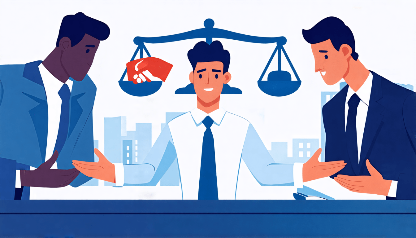 A professional mediator sitting at a desk between two frustrated business people, with a calm expression and open palms, symbolizing conflict resolution. T