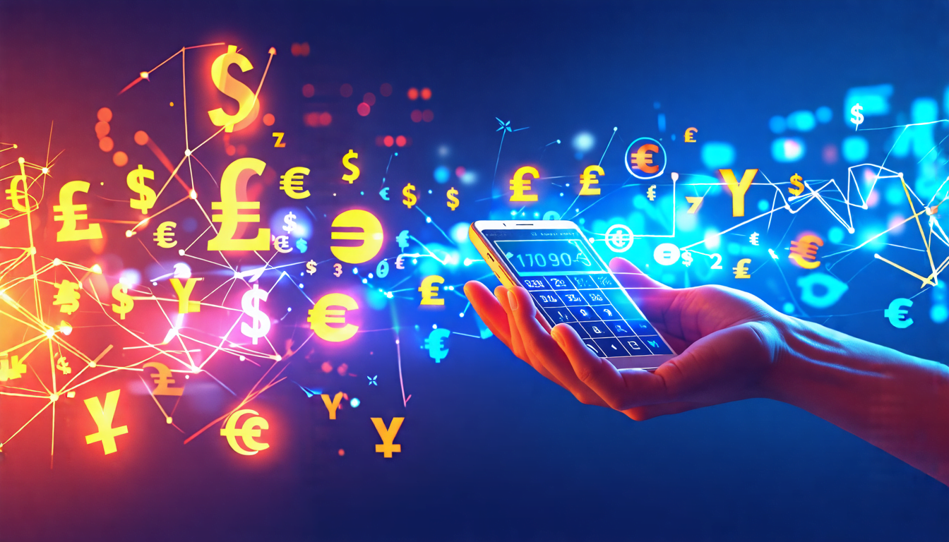 A colorful digital illustration showing various international currency symbols (dollar, euro, pound, yen) floating and transforming into each other, with g