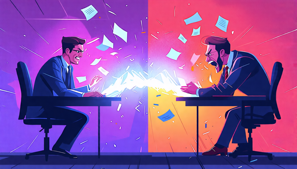 A split-screen illustration: On one side, a calm and composed businessperson in a suit, sitting at a desk with a serene expression. On the other side, an a
