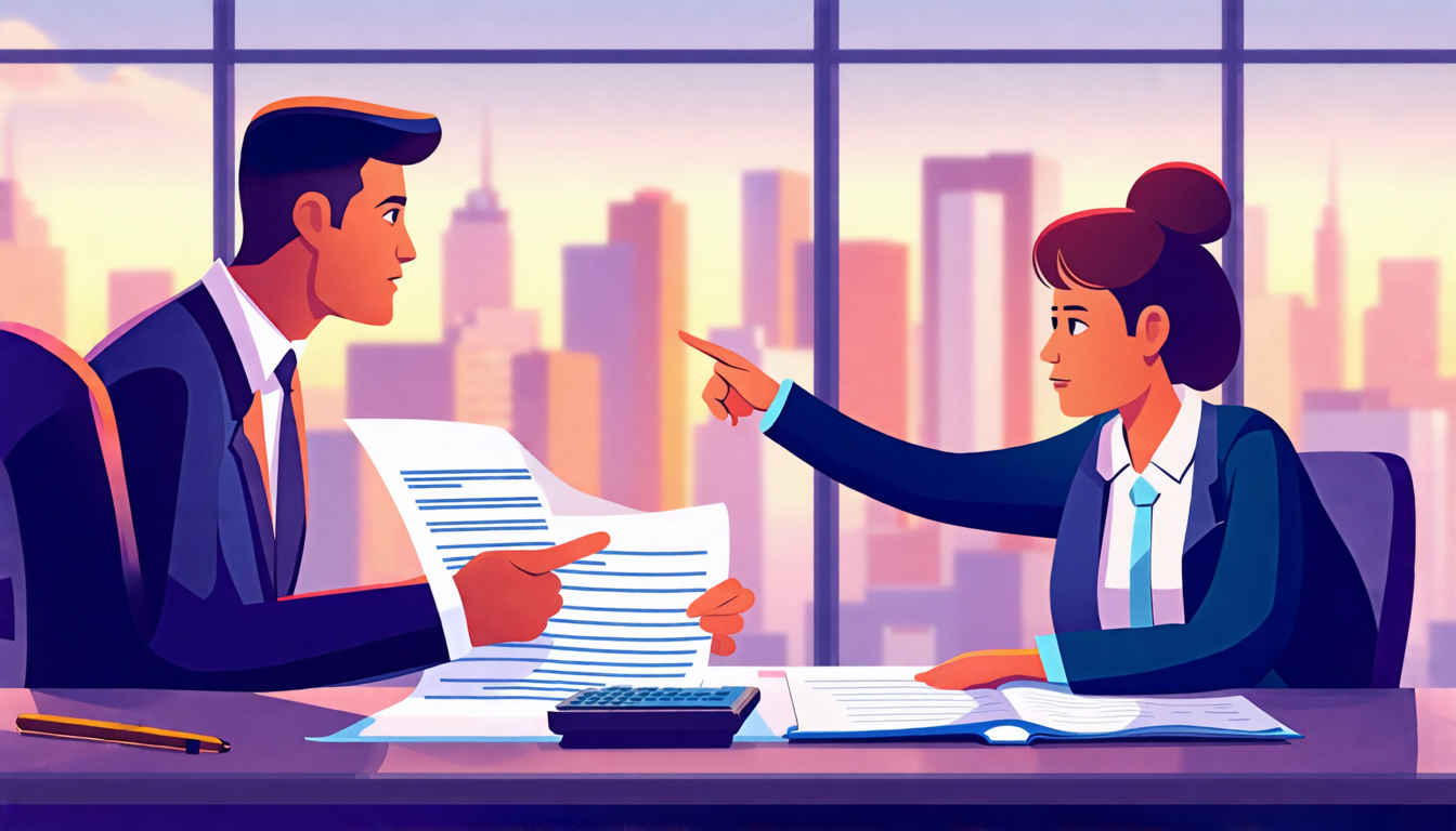 A tense business meeting scene with two people facing each other across a desk, one holding a document and pointing at it with concern. Behind them, a larg