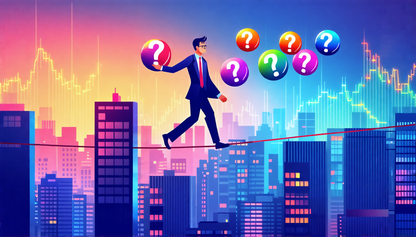 A business professional balancing on a tightrope, juggling multiple balls labeled with question marks, while walking between two skyscrapers. The backgroun