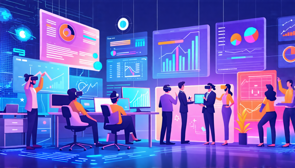 Create an image depicting a futuristic office environment where technology and business harmoniously blend. Feature a diverse team of professionals collaborating around digital screens and virtual rea