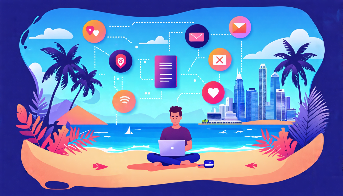 A digital nomad sitting on a beach with a laptop, surrounded by icons representing health insurance, passports, and work visas. The background shows a mix