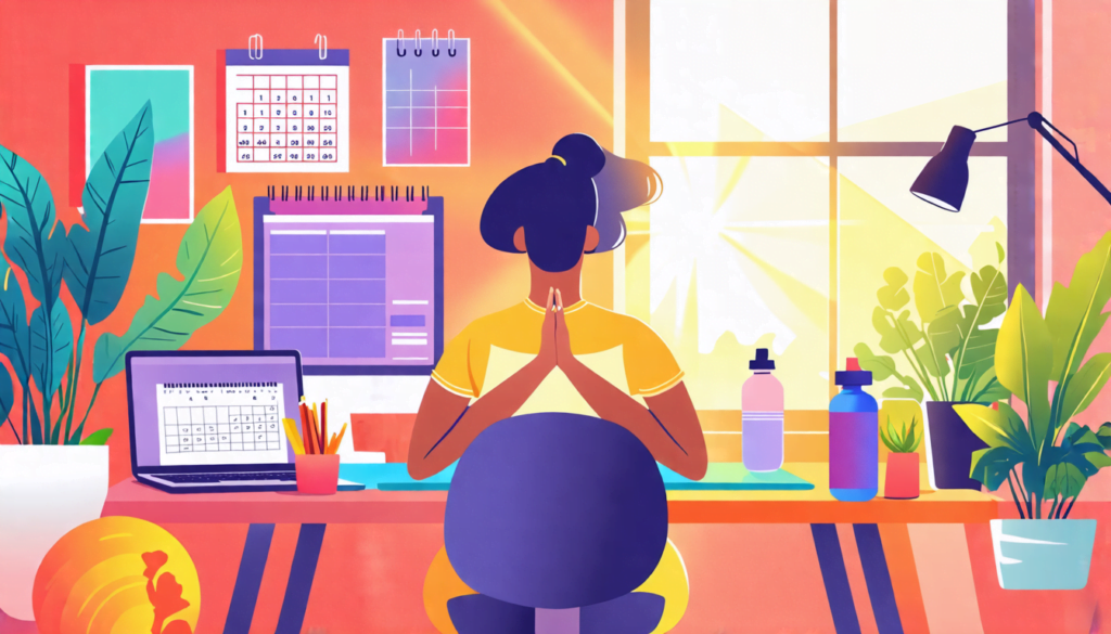 A colorful illustration of a freelancer working at a home office desk, surrounded by wellness elements: a yoga mat, healthy snacks, a water bottle, and a p