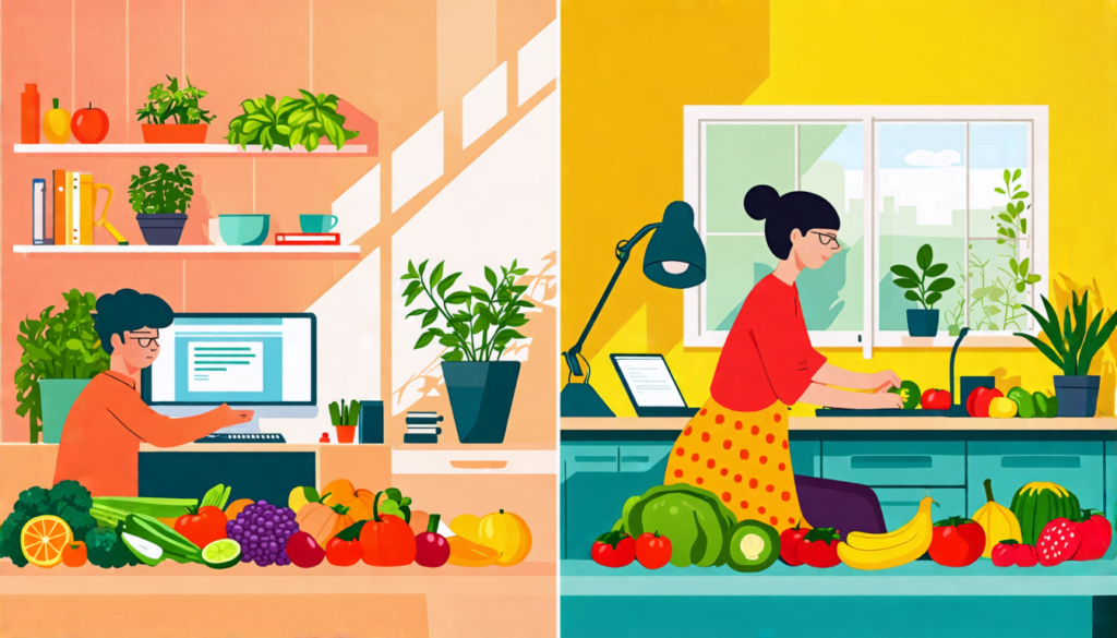 A split-screen image: On one side, a person sitting at a home office desk with a laptop, surrounded by colorful, fresh fruits and vegetables. On the other