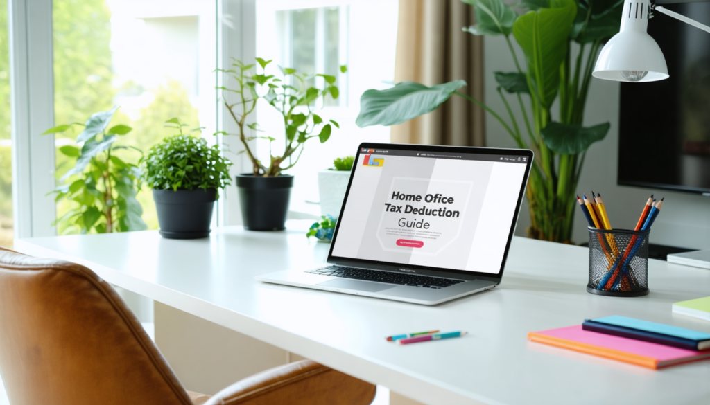 An elegant home office setup featuring a modern desk with a laptop, comfortable chair, plants, and organized stationery. Include a notepad with the title 'Home Office Tax Deduction Guide' prominently