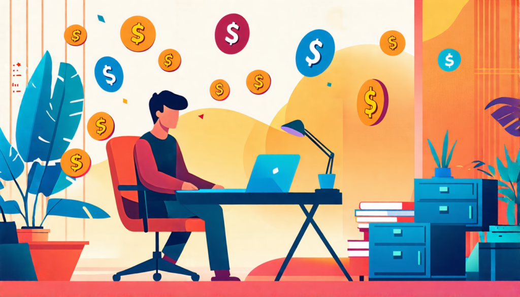 A stylized digital illustration showing a confident freelancer sitting at a modern desk with a laptop, surrounded by floating dollar signs and icons repres