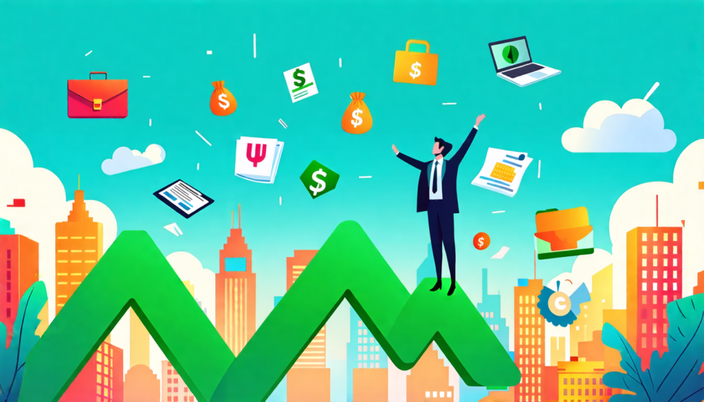 A digital illustration showing a confident professional standing on a large, green Upwork logo acting as a launching pad. The person is reaching upwards to