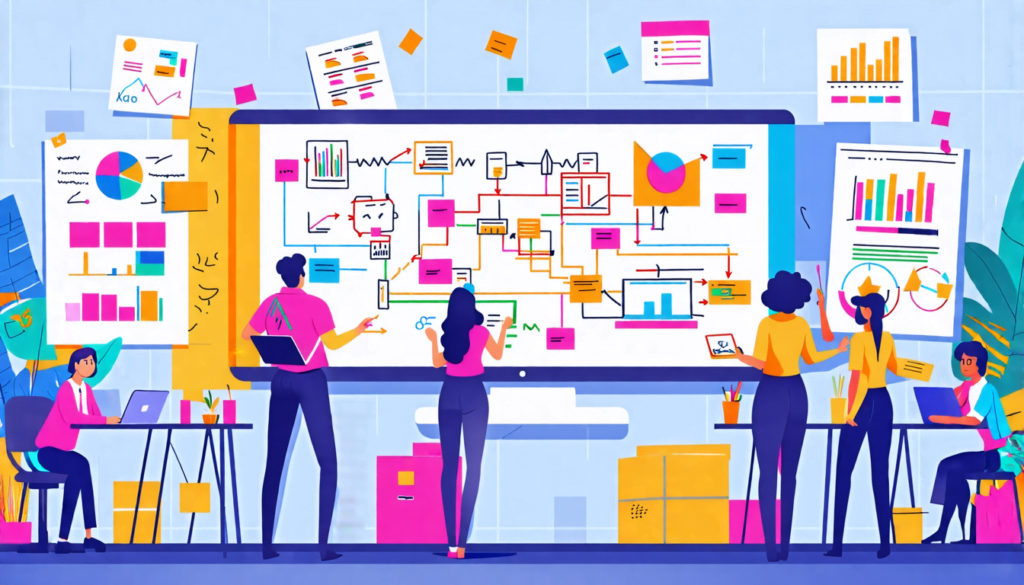 An engaging and colorful illustration of a marketing team in a modern office setting, collaboratively creating a storyboard filled with sketches, notes, and visual elements. The scene showcases divers