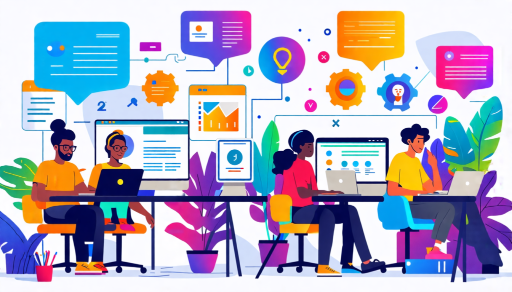 Create an inspiring and visually engaging illustration depicting a diverse group of freelancers working on laptops in a modern co-working space. Include elements that represent various tech certificat