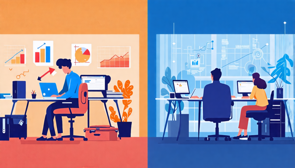 A split-screen image showing two contrasting scenes: On the left side, a single person working alone at a cluttered home office desk with a laptop, lookin