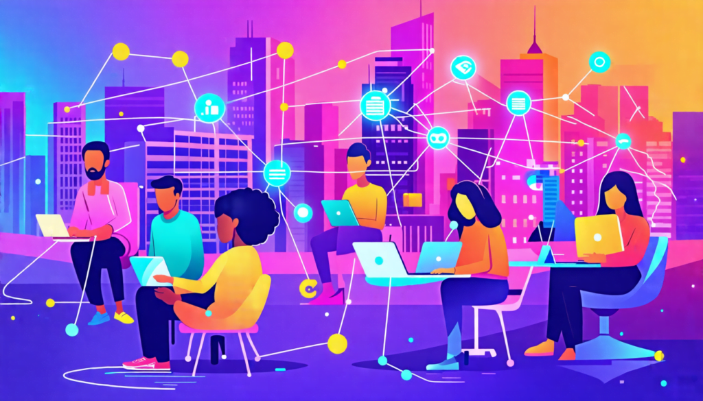 A vibrant digital illustration showing a diverse group of professionals connected by glowing lines forming a web-like network. The individuals are working