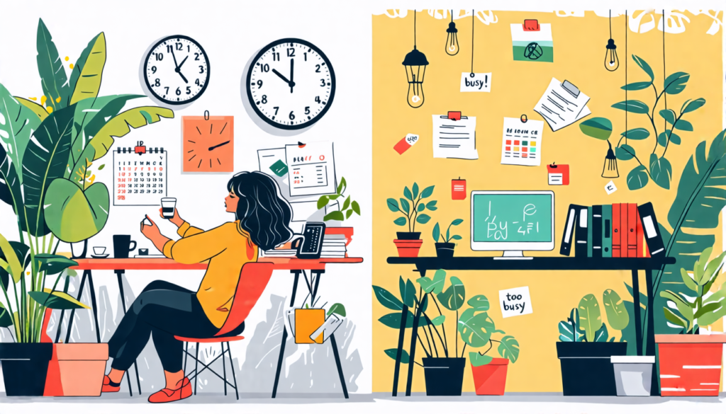 Create an illustration of a serene freelancer at a cozy, sunlit workspace, surrounded by clocks and calendars, but maintaining a relaxed posture with a cup of tea in hand. On one side, show a chaotic