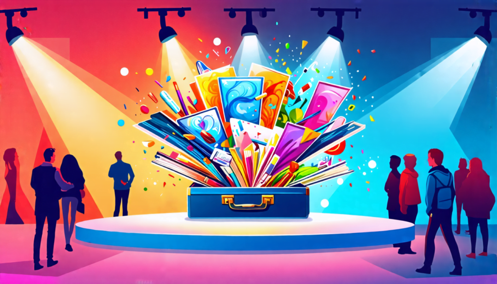 A stylized portfolio or briefcase bursting open, revealing an array of colorful and diverse creative works such as paintings, photographs, sculptures, and