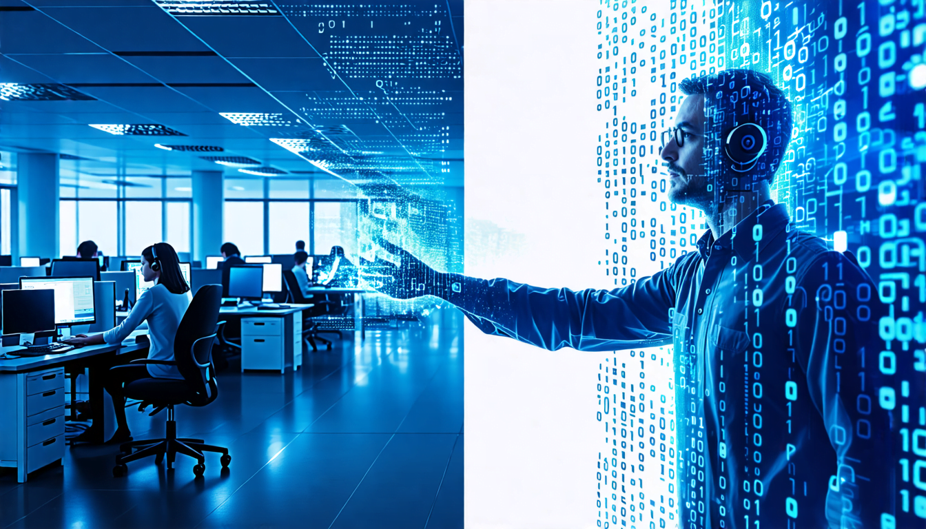 A split-screen image: On the left side, a modern office with computer workstations and busy professionals. On the right side, an IT support technician wear