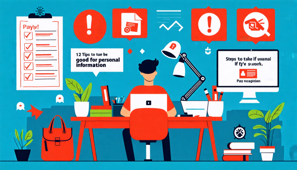 Create an informative illustration depicting a person working from home at a desk, surrounded by multiple warning signs of job scams, such as red flags like 'Too Good to Be True,' 'Ask for Personal In