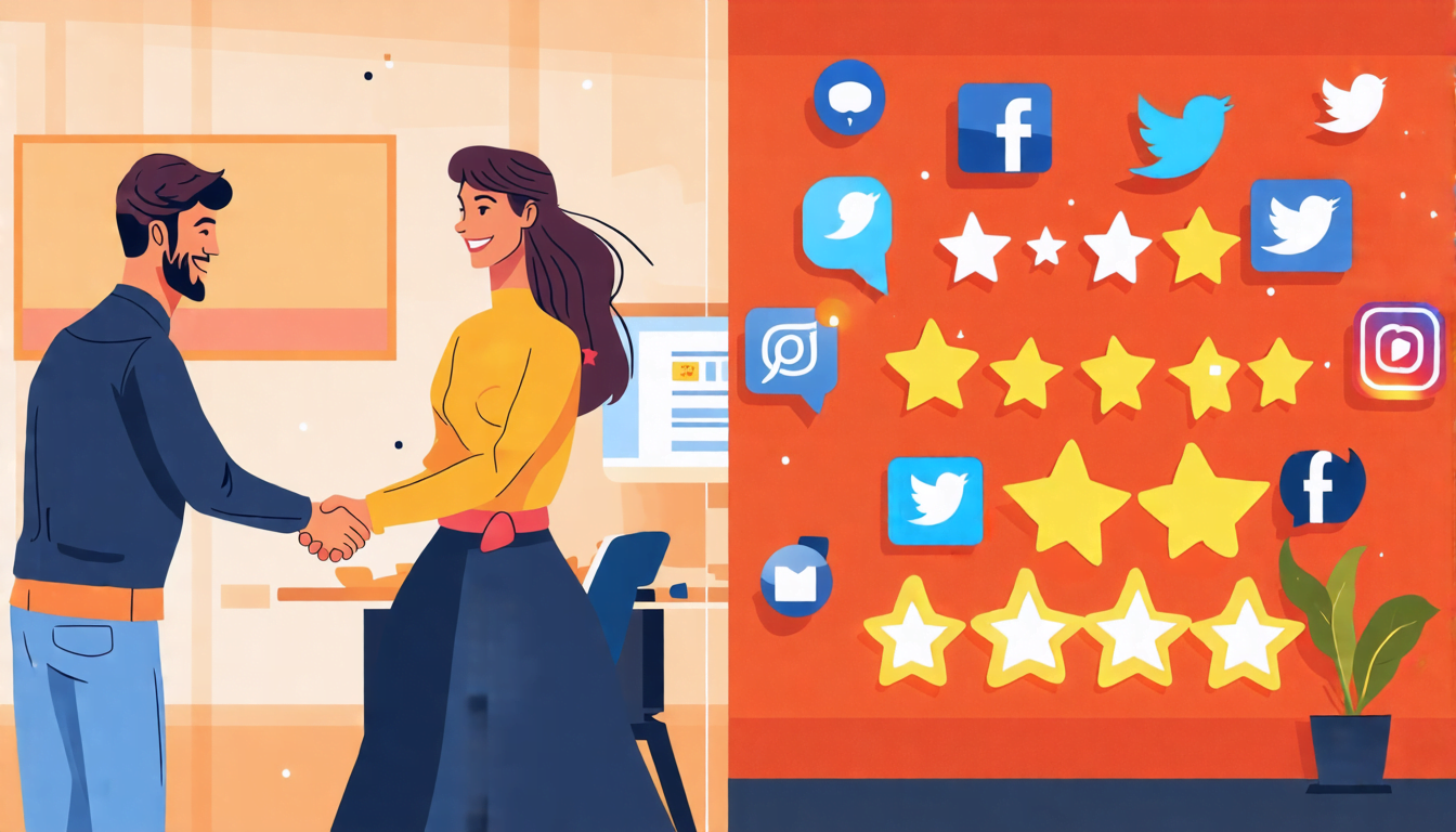 A split-screen image: on the left, a business professional smiling and shaking hands with a satisfied client; on the right, a wall of glowing 5-star review