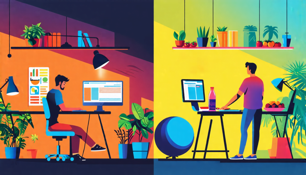 A split-screen image: On one side, a freelancer working at a cluttered desk, looking stressed and unhealthy; on the other side, the same freelancer in a cl