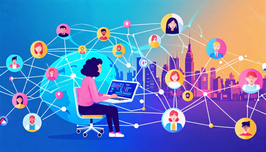 A digital illustration showing a freelancer at the center of a web-like network, connecting with various professionals, clients, and opportunities. The fre