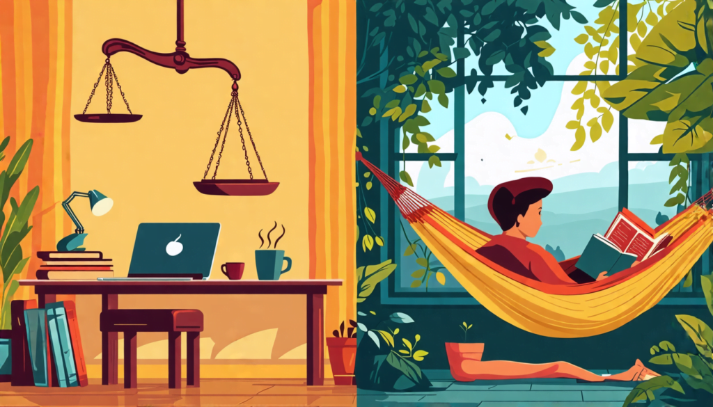 A split-screen image: on one side, a freelancer working at a cozy home office with a laptop and cup of coffee; on the other side, the same person relaxing