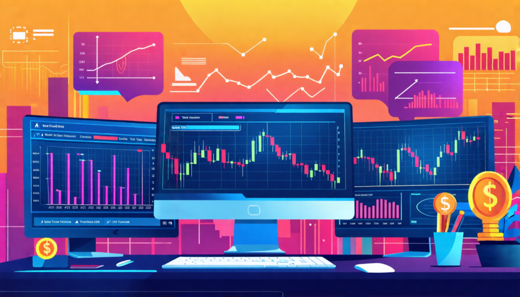 An imaginative illustration depicting a modern trading setup featuring multiple computer screens displaying various trading charts and graphs, with a central focus on a sleek interface of local trade