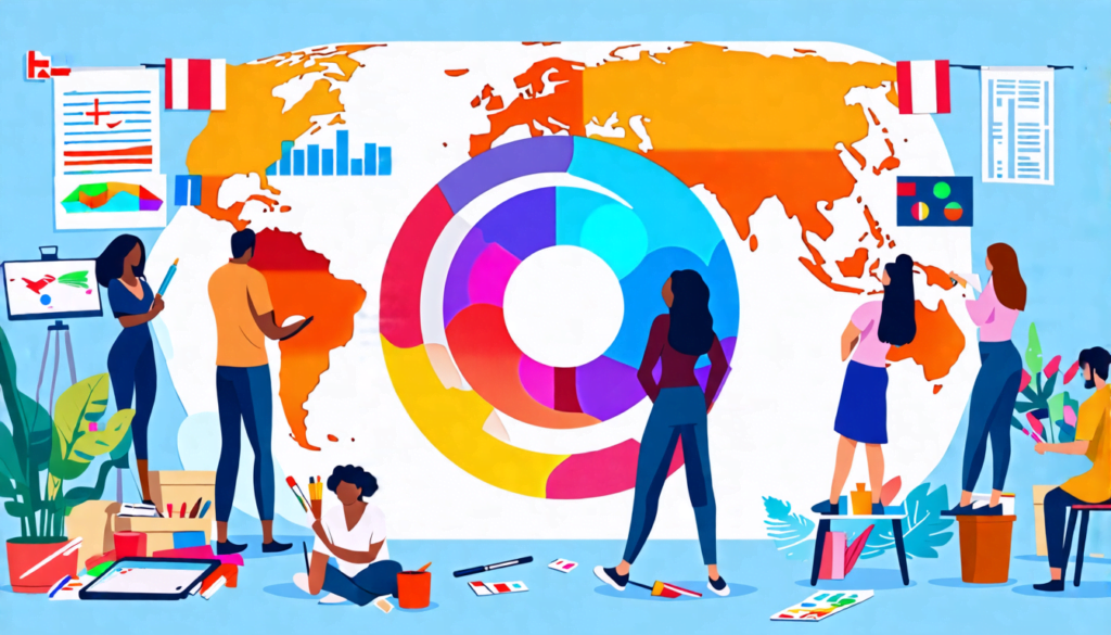 A diverse group of people from various cultural backgrounds collaborating on a large, colorful brand logo. The logo is partially complete, with paintbrushe