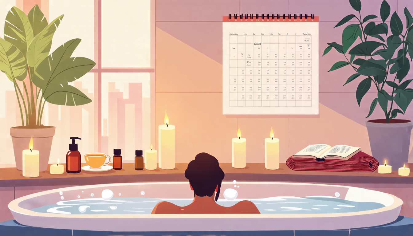 A serene, softly lit bathroom scene with a person taking a relaxing bubble bath surrounded by candles, a book, and a cup of herbal tea. On a nearby shelf,