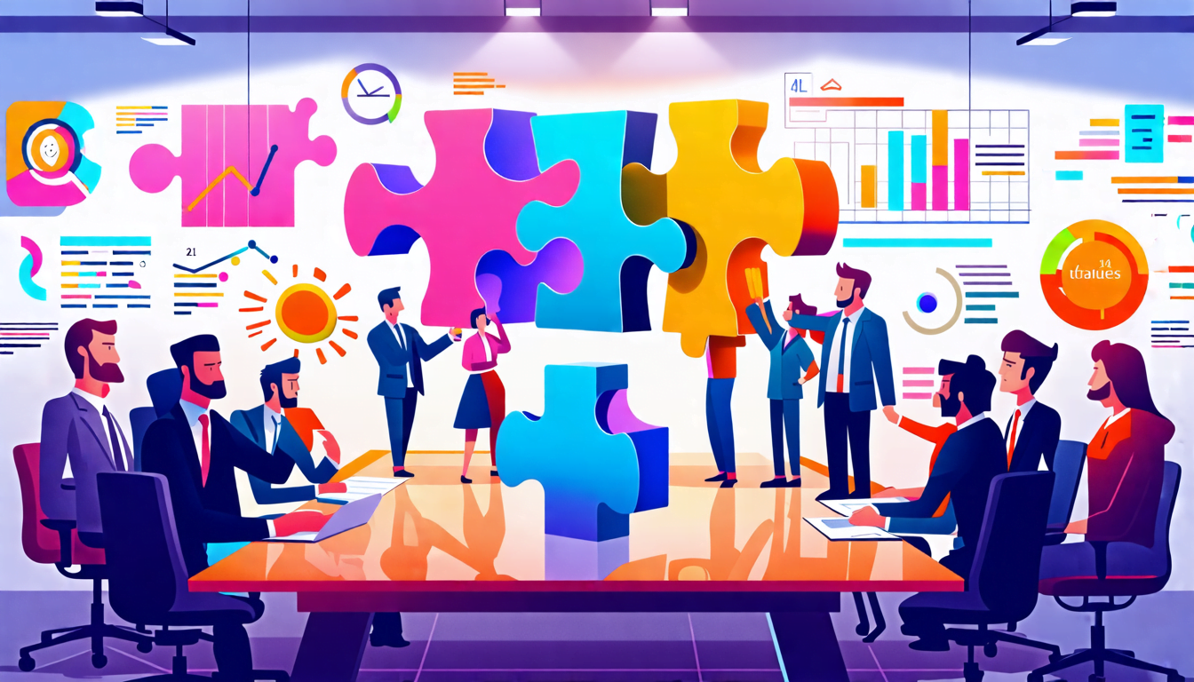 A stylized corporate boardroom with executives seated around a table. At the center, a large 3D brand logo is being constructed, with puzzle pieces represe