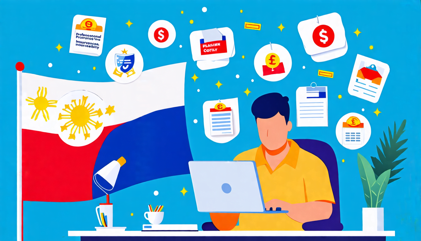 A digital illustration showing a Filipino freelancer sitting at a desk with a laptop, surrounded by various insurance policy icons floating above. The icon